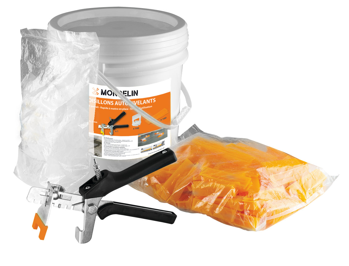 KIT DE CROISILLONS AUTONIVELANTS : PINCE + 100 CROISILLONS 2MM + 100 COINS + SEAU DE TRANSPORT