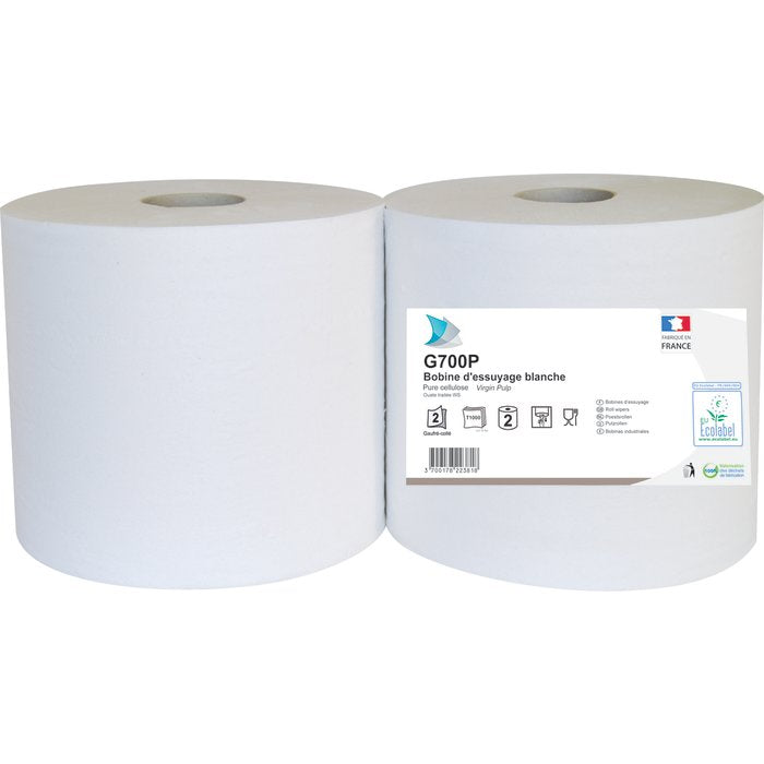 Lot de 2 bobines ouate essuyage, blanc, 2 couches, gaufré prédécoupé