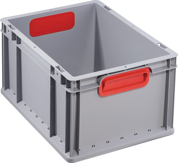 Caisse de transport gerbable grise L400 X l300 X H220 mm poignée fermée rouge