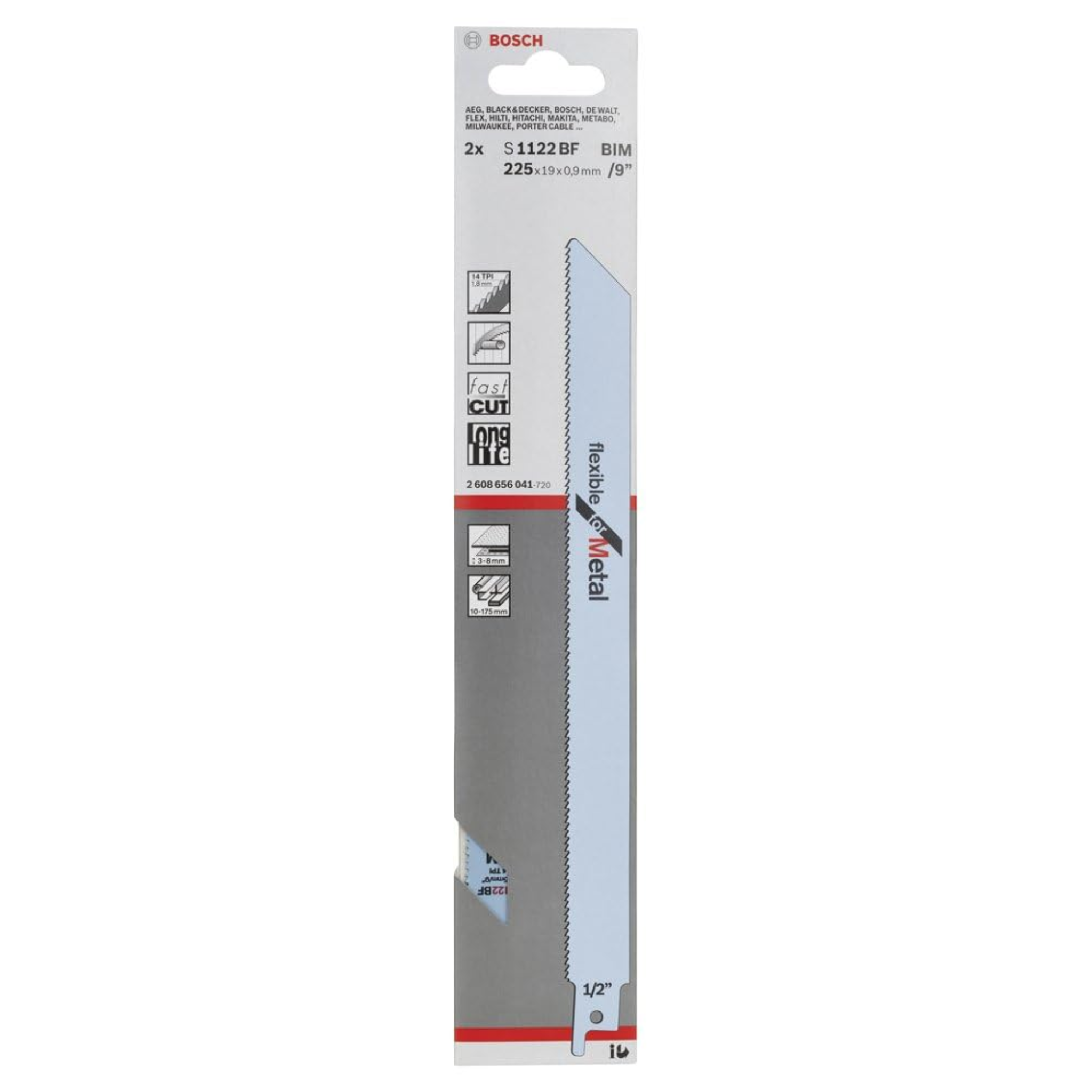 Lame de scie sabre S 1122 BF L.225mm Bi pas 1,8mm contrecoudée 14TPI  Blister 25 lames