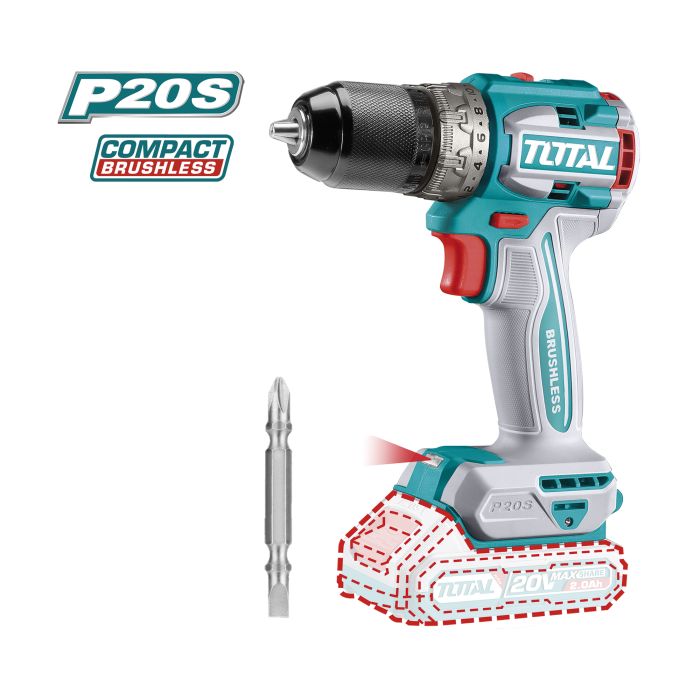 Perceuse visseuse à percussion Brushless 20 V 60 Nm TDLI206021 TOTAL vendu sans batteries en boite carton