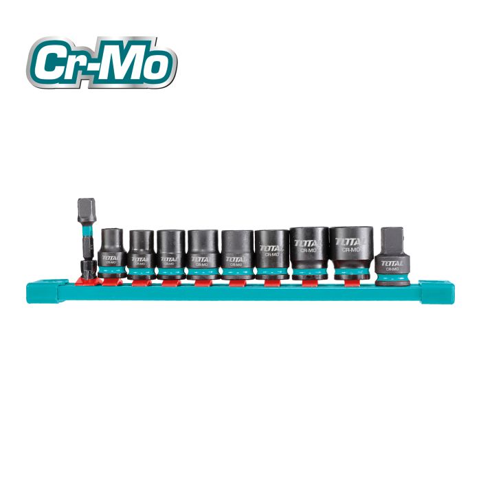 Jeu 10 douilles à chocs 3/8 Cr-Mo Tailles 8, 10, 12, 13, 14, 14, 15, 17 et 19 mm avec adaptateur 1/2 et 1/4