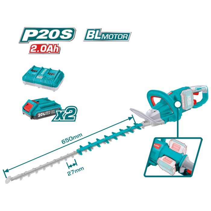 Taille haie lame 460 mm capacité coupe 27 mm Brushless 40 V THTLI400282 TOTAL vendu avec 2 batterie 2 Ah avec boite carton