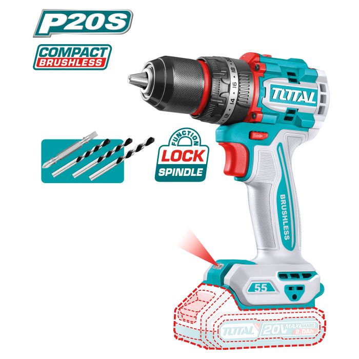 Perceuse visseuse à pecussion Brushless 20 V 55 Nm TIDLI205581 TOTAL vendu sans batteries en boite carton