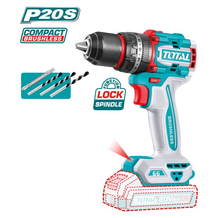 Perceuse visseuse à percussion Brushless 20 V 66 Nm TIDLI206681 TOTAL vendu sans batteries en boite carton