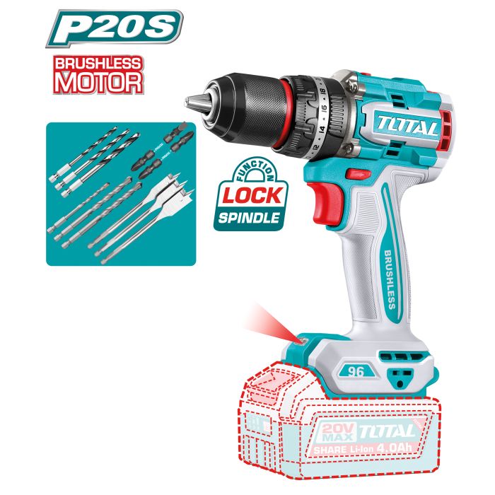 Perceuse visseuse à percussion Brushless 20 V 96 Nm TIDLI209681 TOTAL vendu sans batteries en boite carton