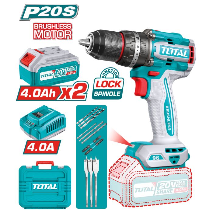 Perceuse visseuse à percussion Brushless 20 V 96 Nm TIDLI20968E TOTAL vendu avec 2 batteries 4Ah en coffret