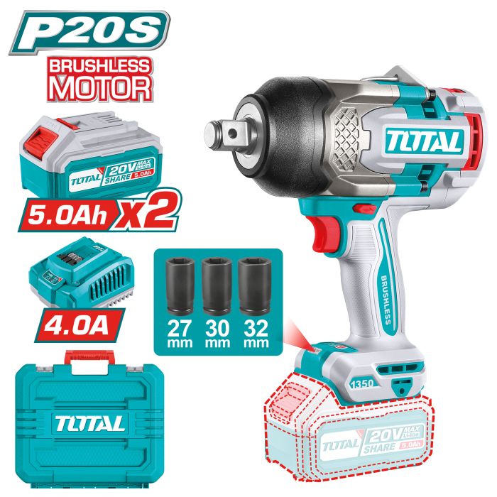 Clé à chocs 3/4 Brushless 20 V 1350 Nm TIWLI20135E TOTAL vendu avec 2 batteries 5Ah en coffret