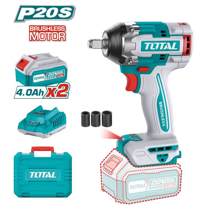 Clé à chocs 1/2 Brushless 20 V 500 Nm TIWLI2050 TOTAL vendu avec 2 batteries 4Ah en coffret