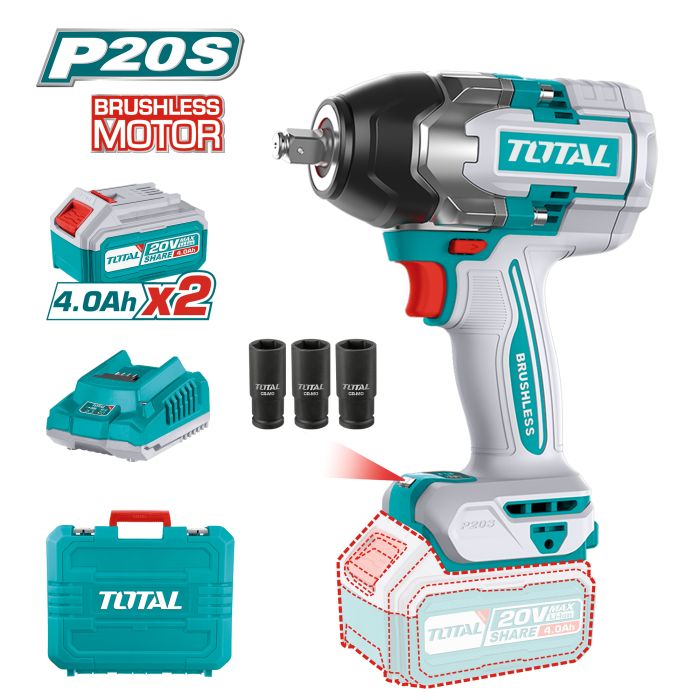 Clé à chocs 1/2 Brushless 20 V 850 Nm TIWLI2085 TOTAL vendu avec 2 batteries 4Ah en coffret