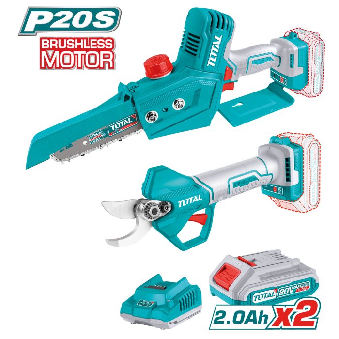 Pack mini scie à élaguer + sécateur 25 mm Brushless 20 V TOSLI240306E TOTAL vendu avec 2 batterie 2 Ah avec boite carton
