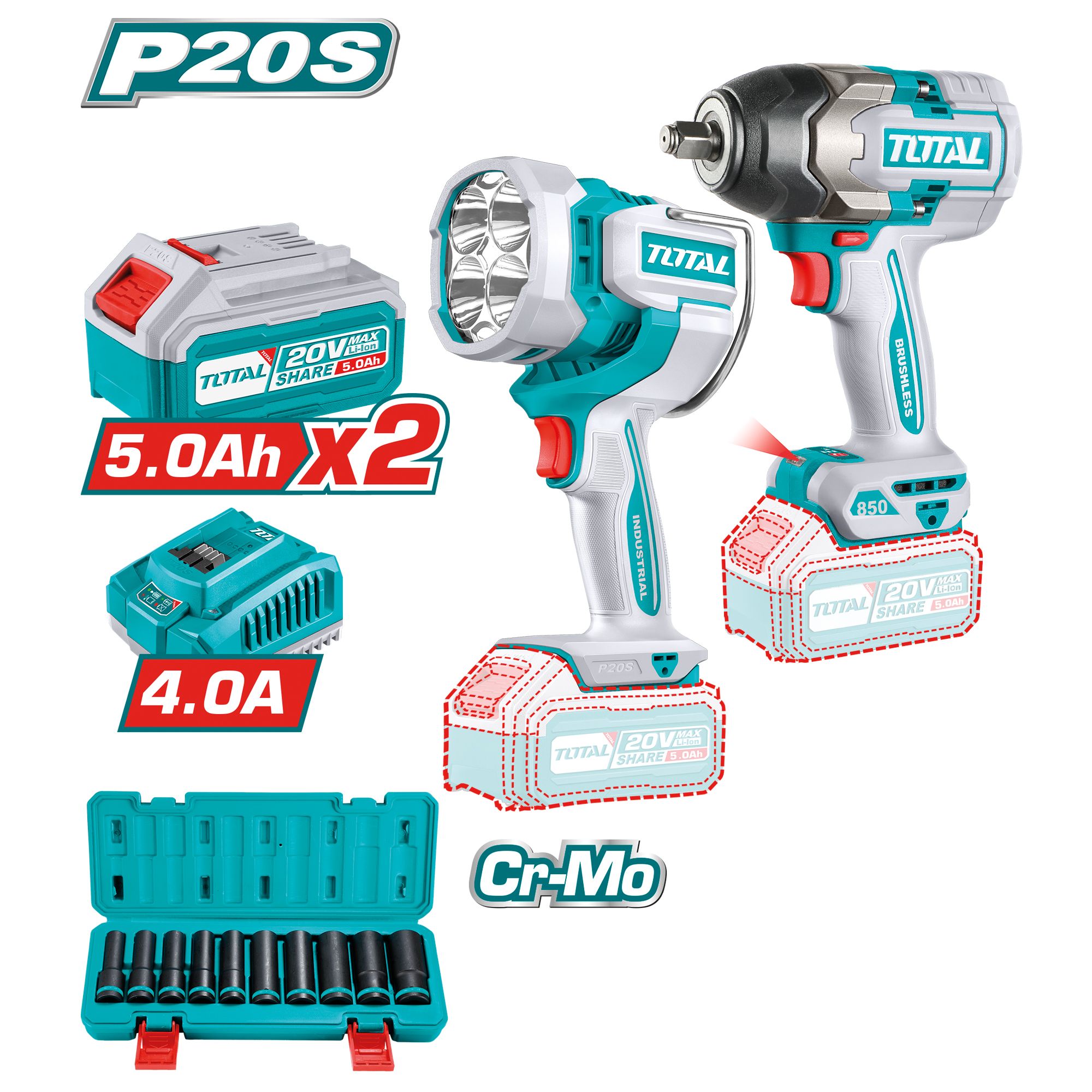 Clé à chocs 1/2 Brushless 20 V 850 Nm avec projecteur et douilles TOSLI241181E TOTAL vendu avec 2 batteries 5Ah en coffret
